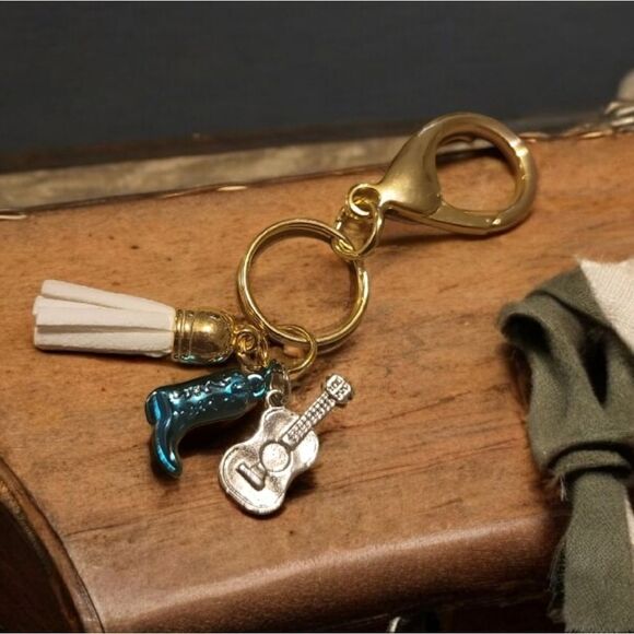 handcrafted Accessories - Charming Gold Keychain with Guitar and Boots Tassel NEW